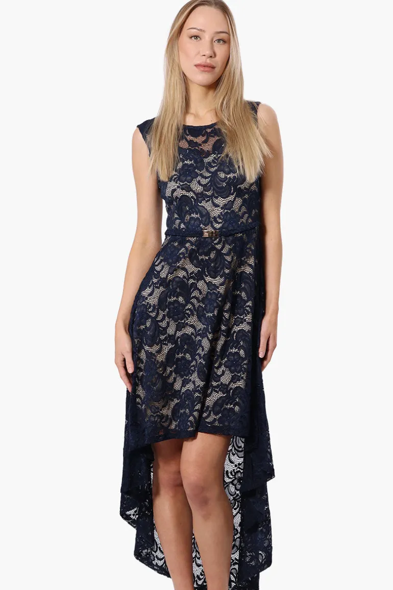 Limite Floral Lace High Low Prom Dress - Navy
