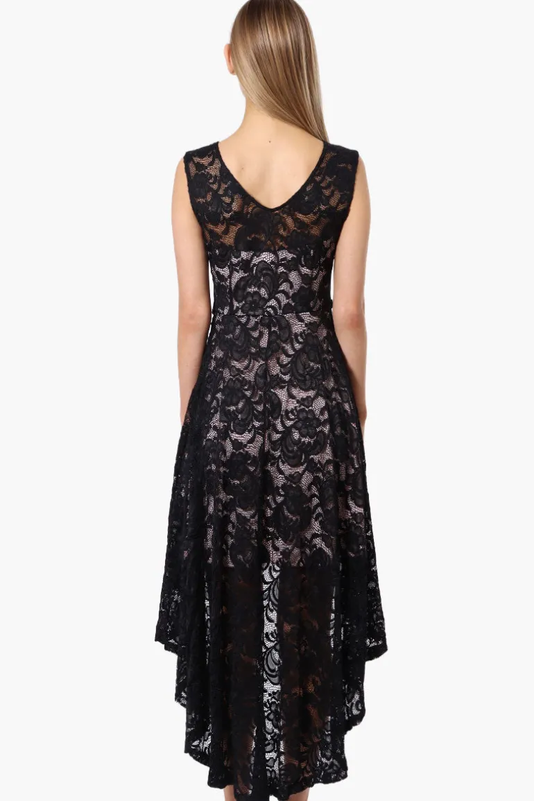 Limite Floral Lace High Low Prom Dress - Black