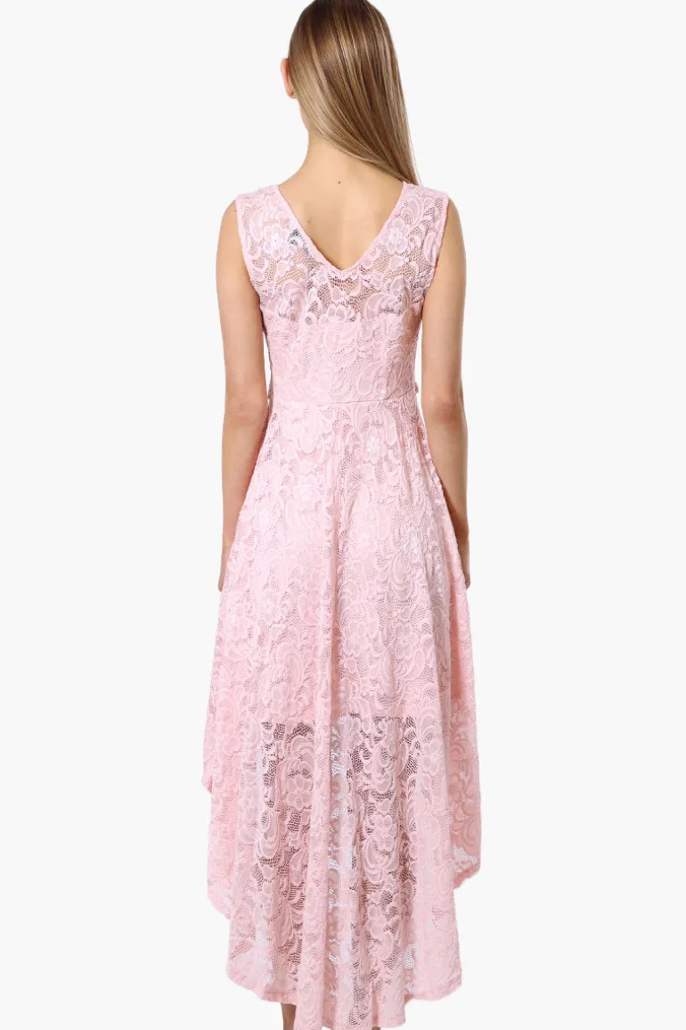 Limite Floral Lace High Low Prom Dress - Pink
