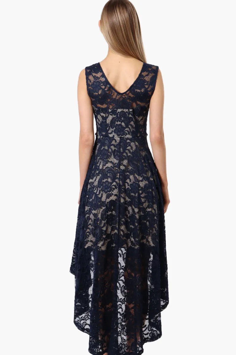 Limite Floral Lace High Low Prom Dress - Navy