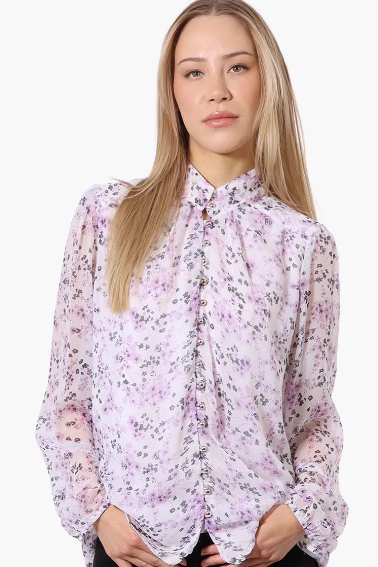 Limite Floral Mock Neck Sheer Blouse - Lavender