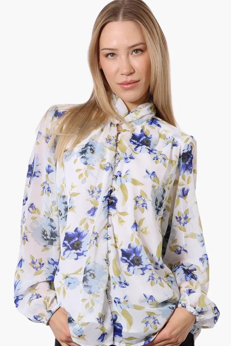 Limite Floral Mock Neck Sheer Blouse - White