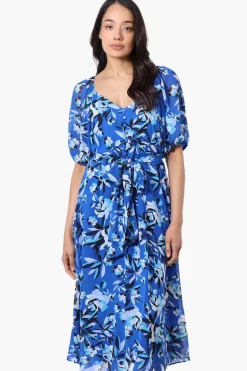 Limite Floral Puff Sleeve Belted Midi Dress - Blue