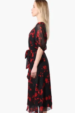 Limite Floral Puff Sleeve Belted Midi Dress - Black