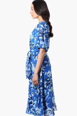 Limite Floral Puff Sleeve Belted Midi Dress - Blue