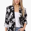 Limite Floral Roll Up Sleeve Open Blazer - Black