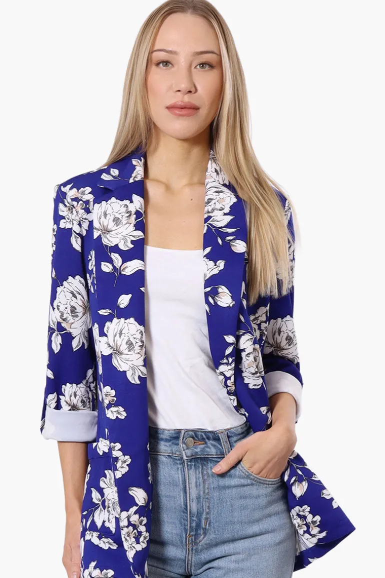 Limite Floral Roll Up Sleeve Open Blazer - Blue