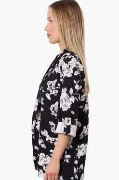 Limite Floral Roll Up Sleeve Open Blazer - Black