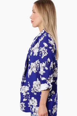 Limite Floral Roll Up Sleeve Open Blazer - Blue