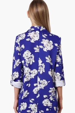 Limite Floral Roll Up Sleeve Open Blazer - Blue