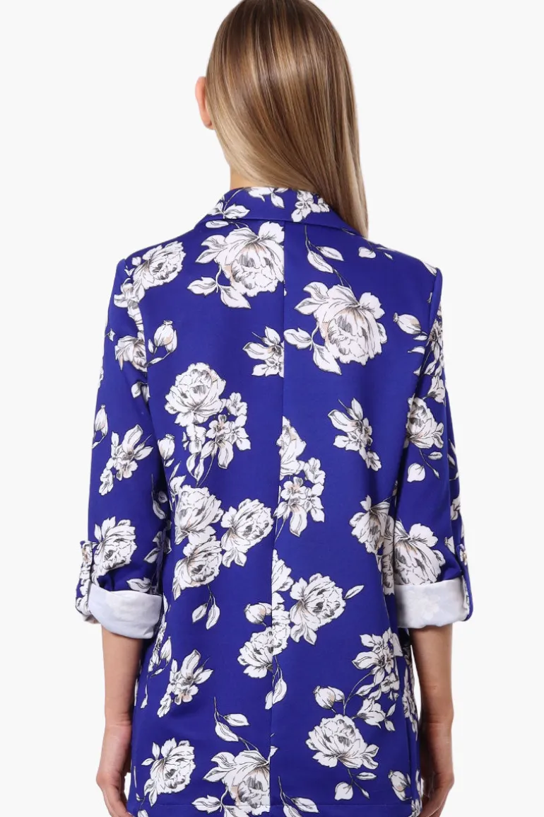 Limite Floral Roll Up Sleeve Open Blazer - Blue