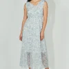 Limite Floral Smocked Shoulder Tie Maxi Dress - Blue