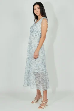 Limite Floral Smocked Shoulder Tie Maxi Dress - Blue