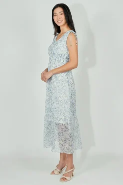Limite Floral Smocked Shoulder Tie Maxi Dress - Blue