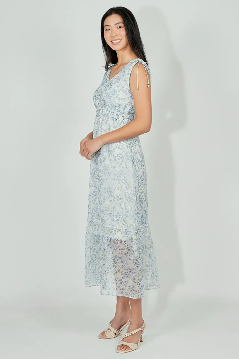 Limite Floral Smocked Shoulder Tie Maxi Dress - Blue