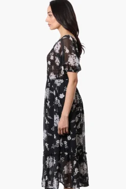 Limite Floral Smocked Square Neck Maxi Dress - Black