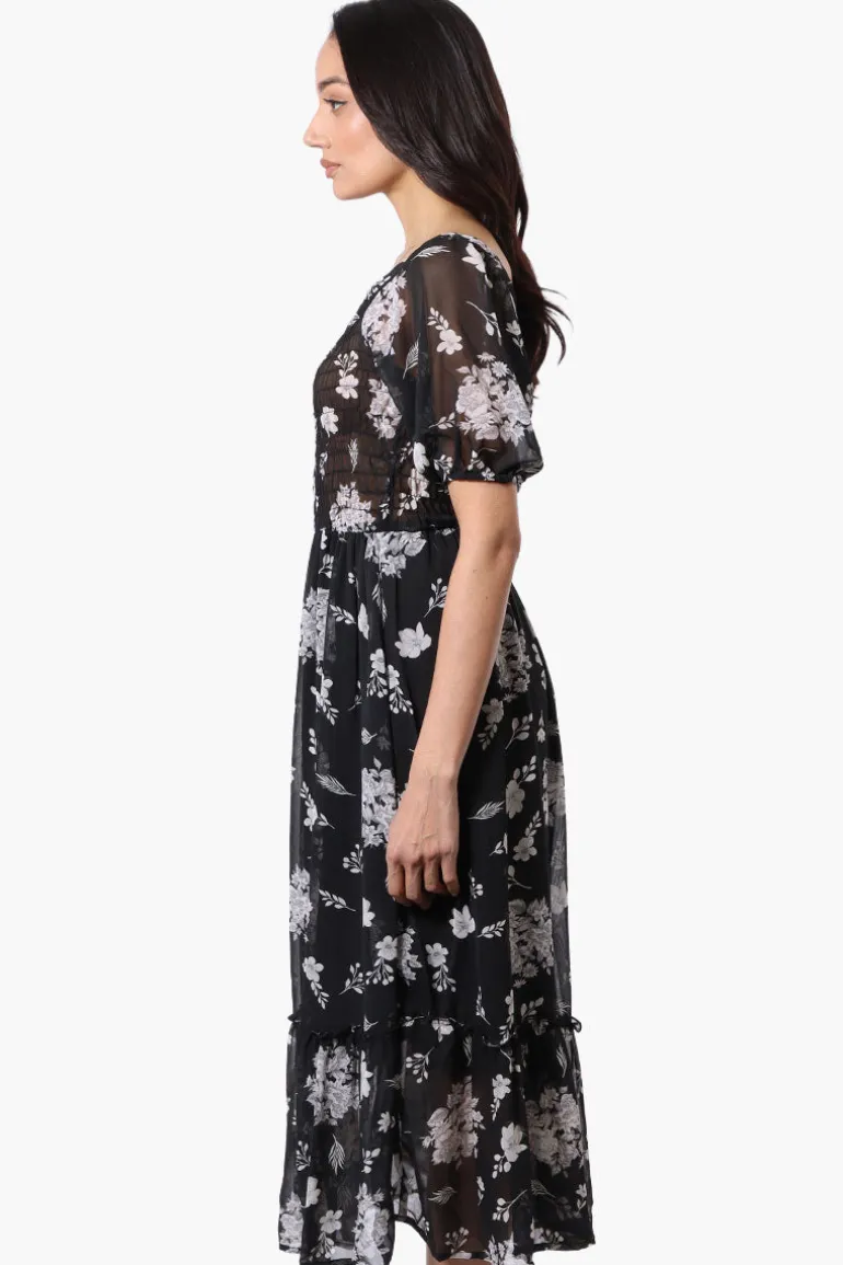 Limite Floral Smocked Square Neck Maxi Dress - Black