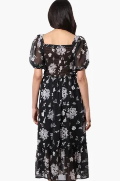Limite Floral Smocked Square Neck Maxi Dress - Black