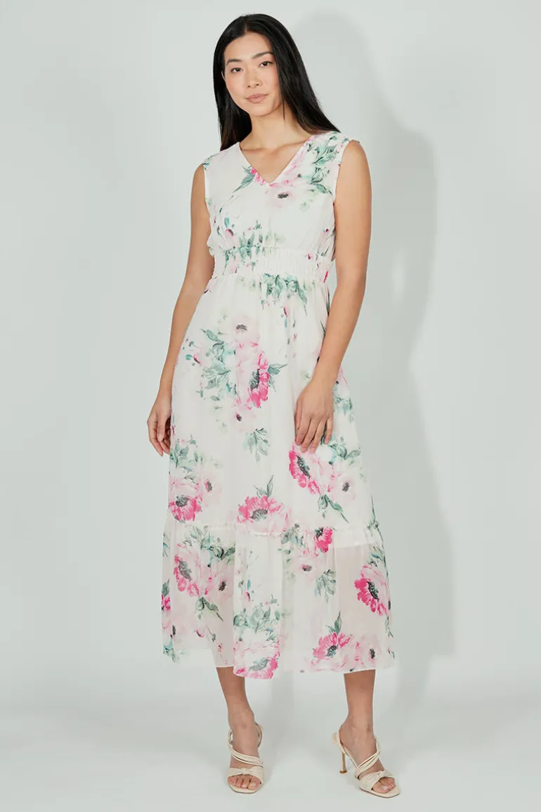 Limite Floral Smocked Waist Maxi Dress - White