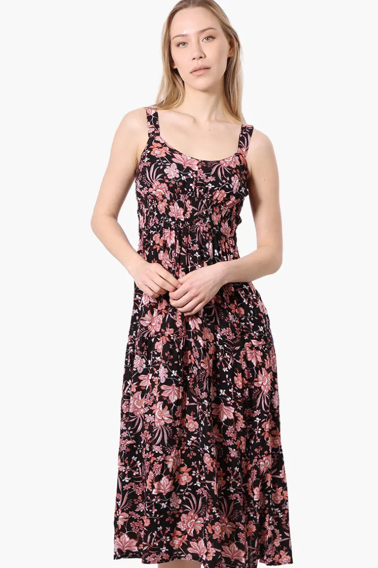 Limite Floral Smocked Waist Midi Dress - Black