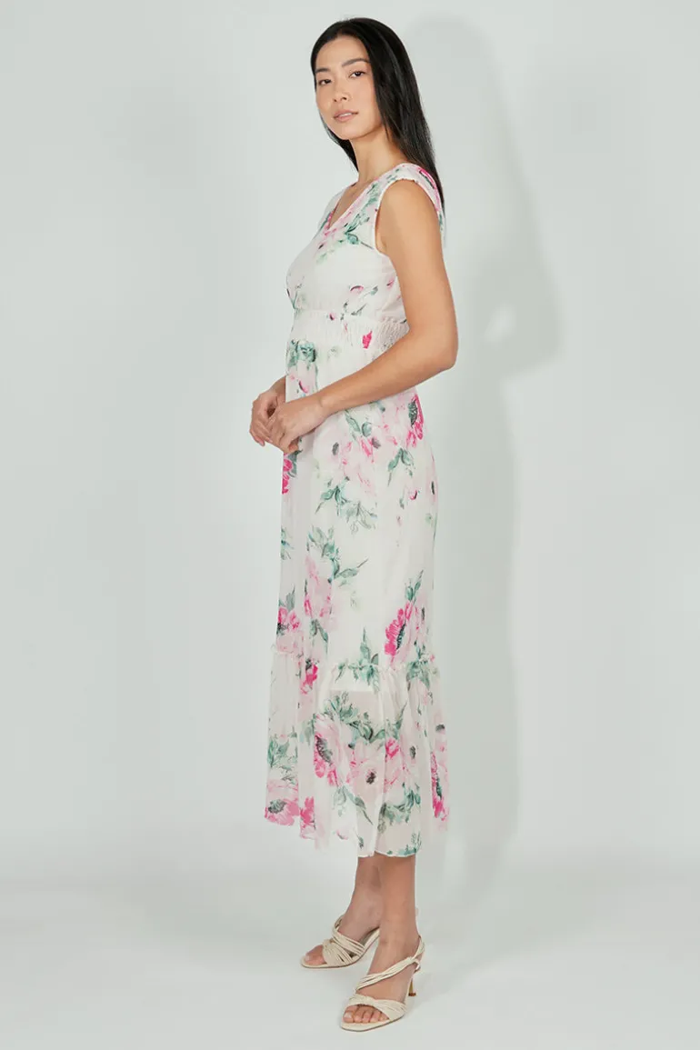 Limite Floral Smocked Waist Maxi Dress - White