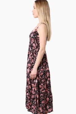 Limite Floral Smocked Waist Midi Dress - Black