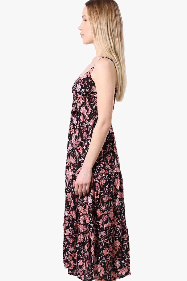 Limite Floral Smocked Waist Midi Dress - Black