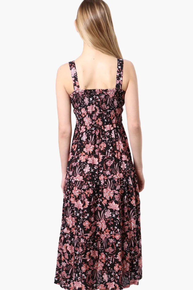 Limite Floral Smocked Waist Midi Dress - Black
