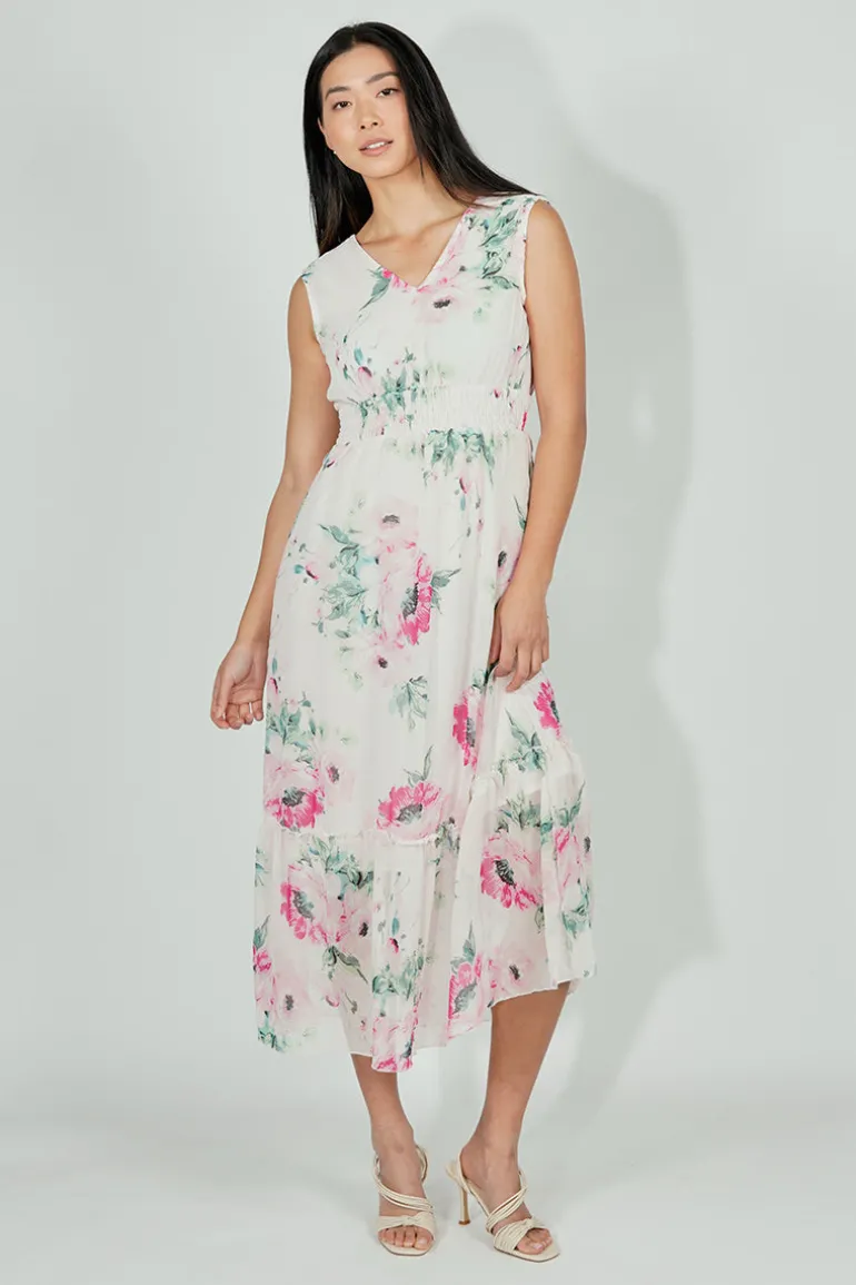 Limite Floral Smocked Waist Maxi Dress - White