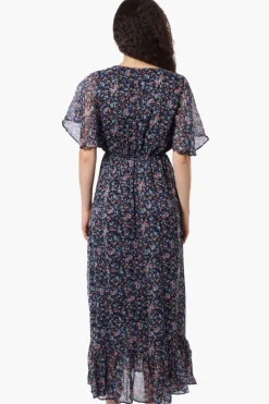Limite Floral Tie Waist V-Neck Maxi Dress - Black