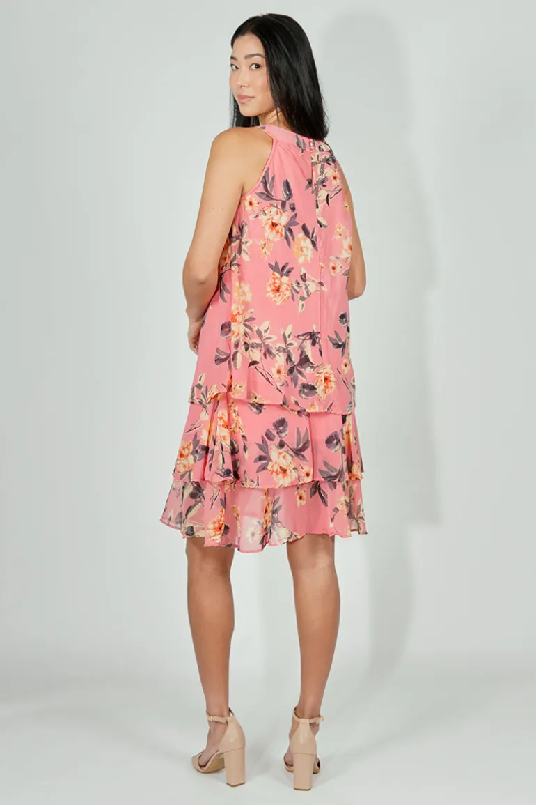 Limite Floral Tiered Halter Neck Day Dress - Pink