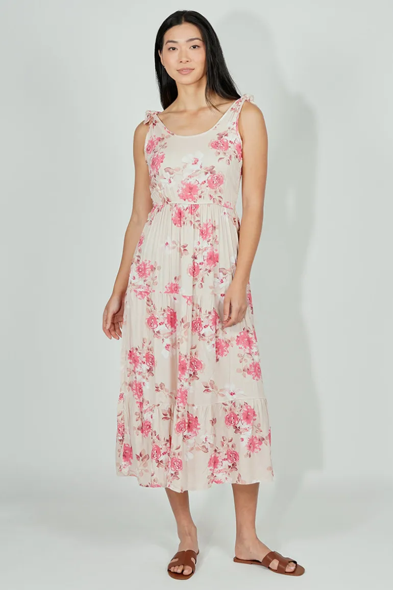 Limite Floral Tiered Shoulder Tie Maxi Dress - Pink