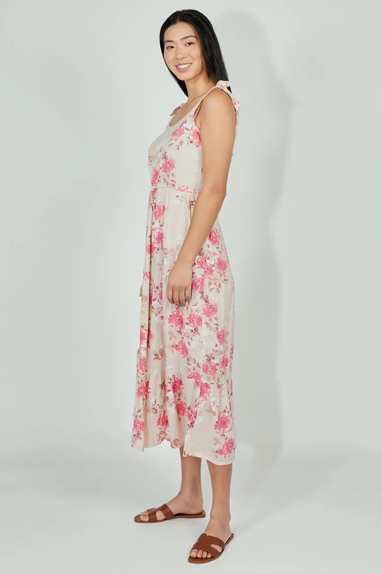 Limite Floral Tiered Shoulder Tie Maxi Dress - Pink