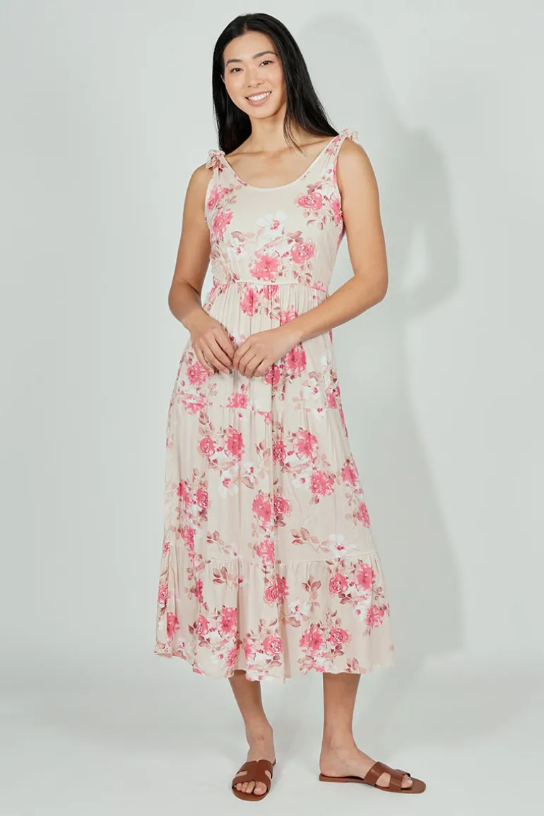 Limite Floral Tiered Shoulder Tie Maxi Dress - Pink