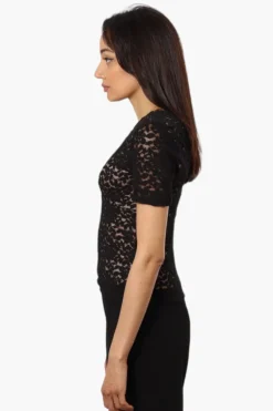 Limite Lace V-Neck Short Sleeve Shirt - Black