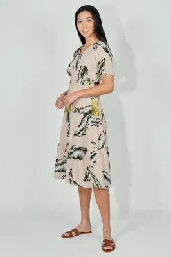 Limite Leaf Print Smocked Tiered Maxi Dress - Beige