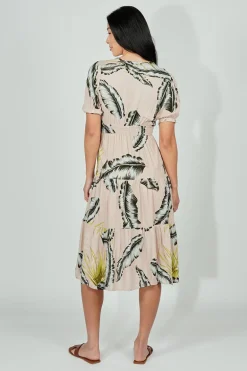 Limite Leaf Print Smocked Tiered Maxi Dress - Beige