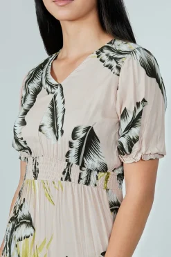 Limite Leaf Print Smocked Tiered Maxi Dress - Beige