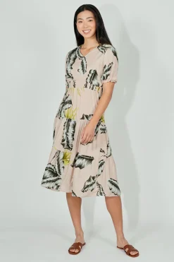 Limite Leaf Print Smocked Tiered Maxi Dress - Beige