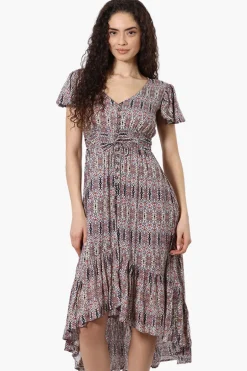 Limite Patterned Cinched Waist High Low Midi Dress - Multi