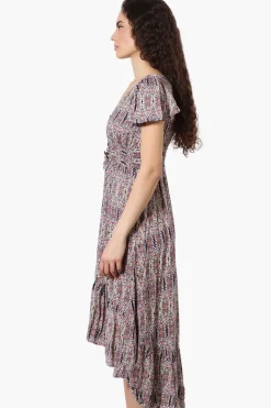 Limite Patterned Cinched Waist High Low Midi Dress - Multi