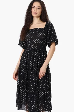 Limite Polka Dot Pattern Smocked Day Dress - Black