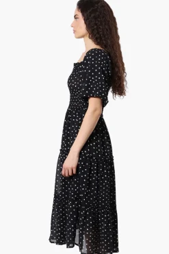 Limite Polka Dot Pattern Smocked Day Dress - Black