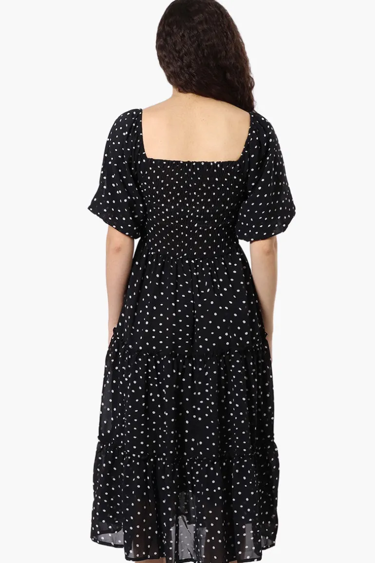 Limite Polka Dot Pattern Smocked Day Dress - Black