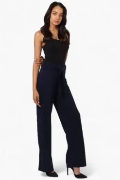 Limite Solid Belted Pants - Navy