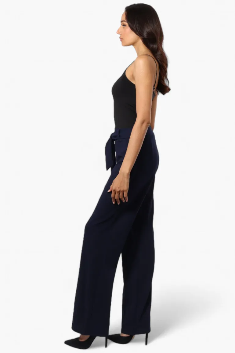 Limite Solid Belted Pants - Navy