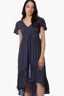 Limite Square Pattern Cinched Waist High Low Midi Dress - Navy