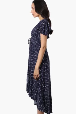 Limite Square Pattern Cinched Waist High Low Midi Dress - Navy