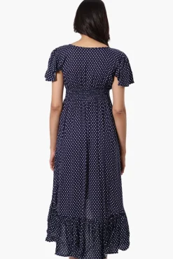 Limite Square Pattern Cinched Waist High Low Midi Dress - Navy