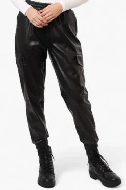 Limite Tie Waist Vegan Leather Cargo Jogger Pants - Black